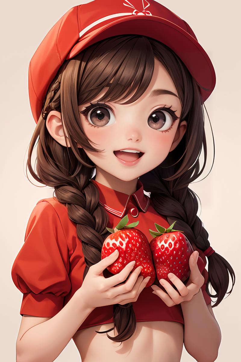 393794-1141759167-masterpiece,best quality,dramatic, 1girl, solo, long hair, smile, open mouth, bangs, brown hair, hat, strawberry, holding fruit,.png